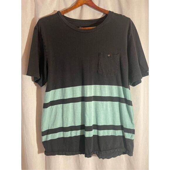 VOLCOM Pocket Tshirt-Medium Black/Tiffany Blue Striped SS EUC Mens - Picture 1 of 4